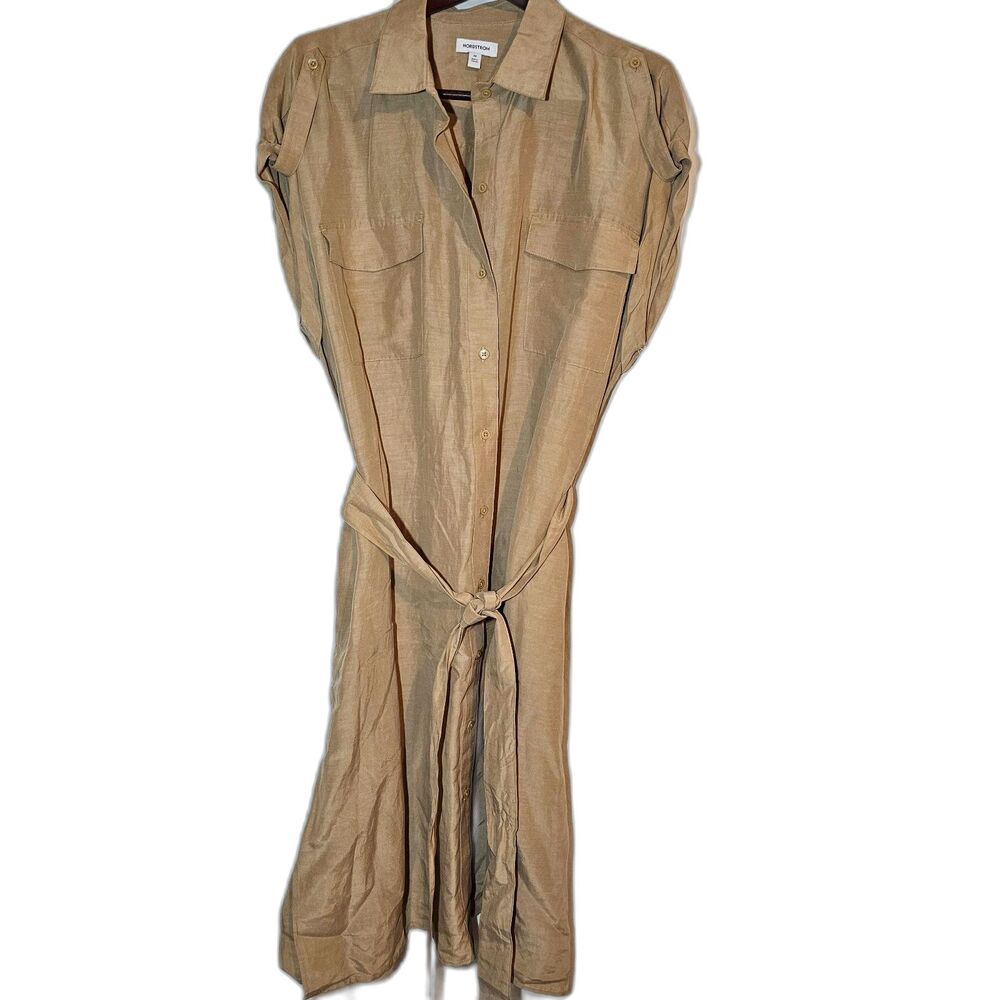 NWT Nordstrom Tan Silky Linen Blend Midi Waisted Shirt Dress sz 2X